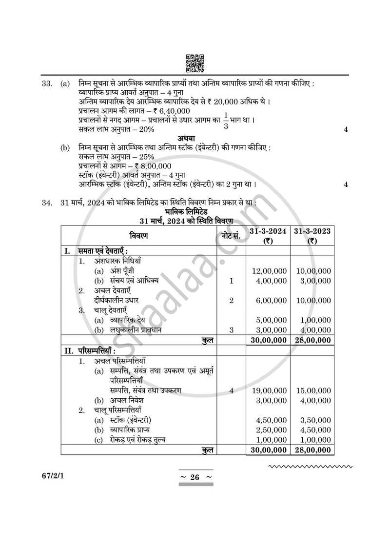 Accountancy (लेखाशास्त्र) 2024-2025 - CBSE 12th - Class 12 [कक्षा १२] - CBSE (Central Board of Secondary Education) question paper with PDF download