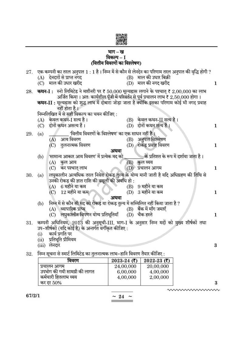 Accountancy (लेखाशास्त्र) 2024-2025 - CBSE 12th - Class 12 [कक्षा १२] - CBSE (Central Board of Secondary Education) question paper with PDF download