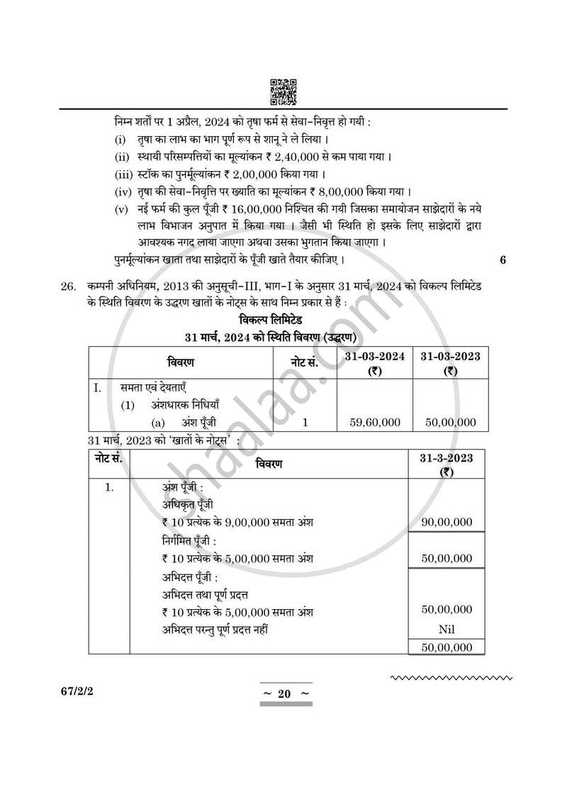 Accountancy (लेखाशास्त्र) 2024-2025 - CBSE 12th - Class 12 [कक्षा १२] - CBSE (Central Board of Secondary Education) question paper with PDF download