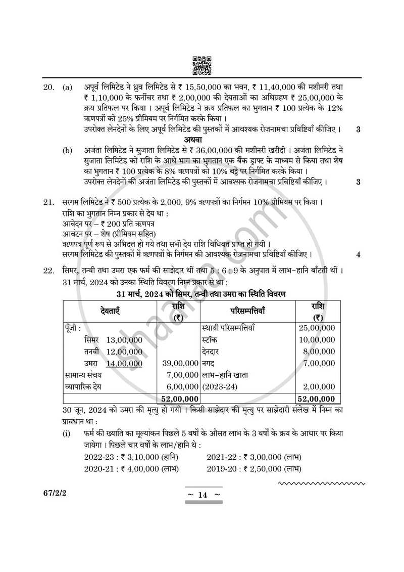 Accountancy (लेखाशास्त्र) 2024-2025 - CBSE 12th - Class 12 [कक्षा १२] - CBSE (Central Board of Secondary Education) question paper with PDF download