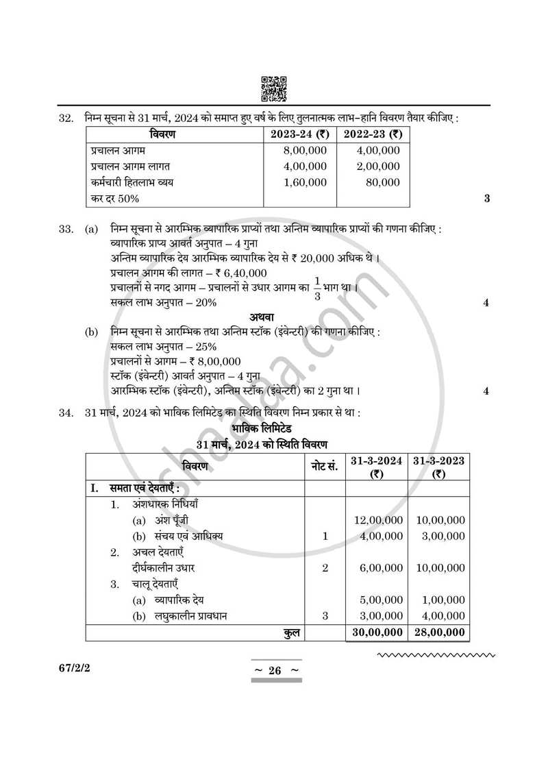 Accountancy (लेखाशास्त्र) 2024-2025 - CBSE 12th - Class 12 [कक्षा १२] - CBSE (Central Board of Secondary Education) question paper with PDF download