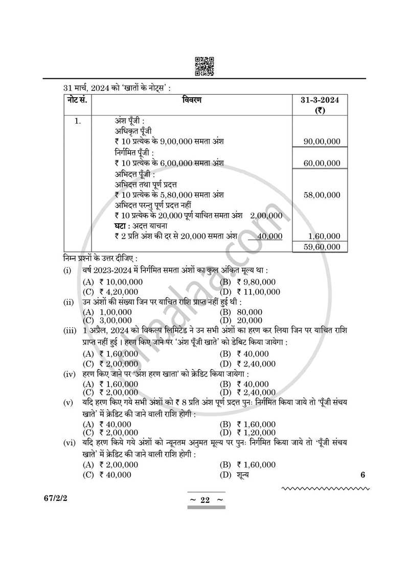 Accountancy (लेखाशास्त्र) 2024-2025 - CBSE 12th - Class 12 [कक्षा १२] - CBSE (Central Board of Secondary Education) question paper with PDF download