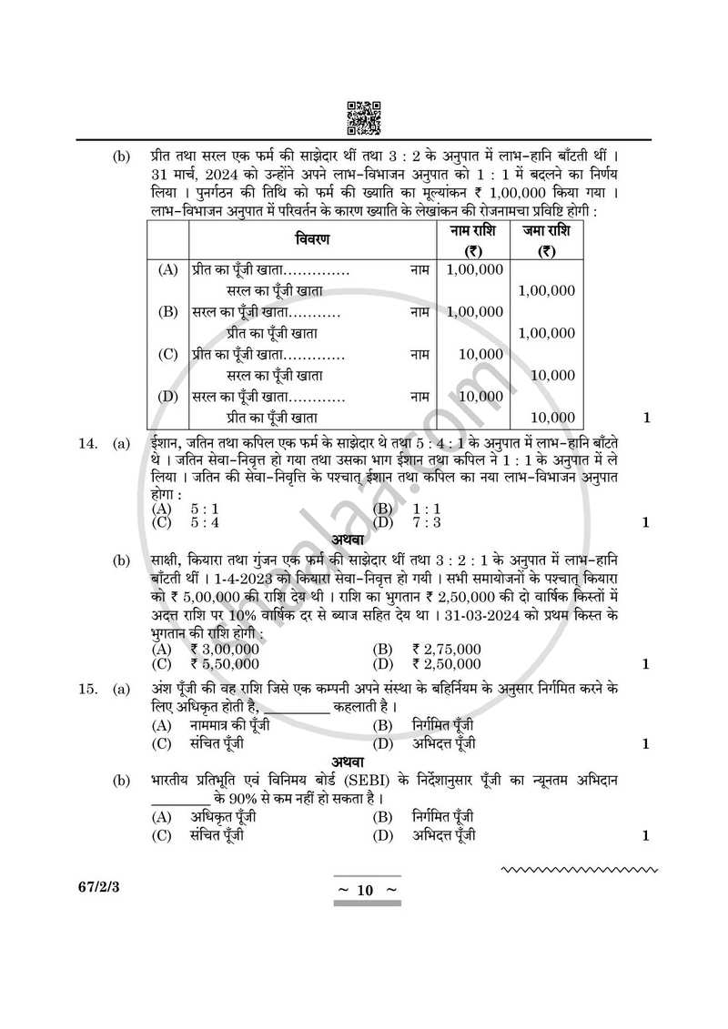 Accountancy (लेखाशास्त्र) 2024-2025 - CBSE 12th - Class 12 [कक्षा १२] - CBSE (Central Board of Secondary Education) question paper with PDF download