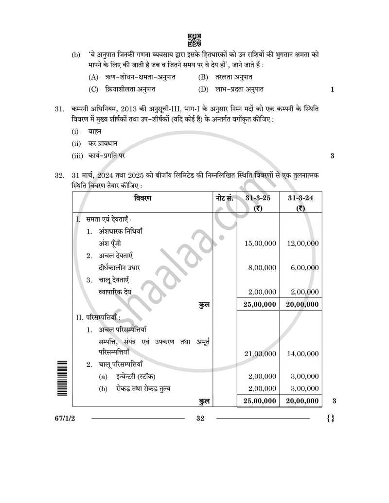 Accountancy (लेखाशास्त्र) 2025-2026 - CBSE 12th - Class 12 [कक्षा १२] - CBSE (Central Board of Secondary Education) question paper with PDF download