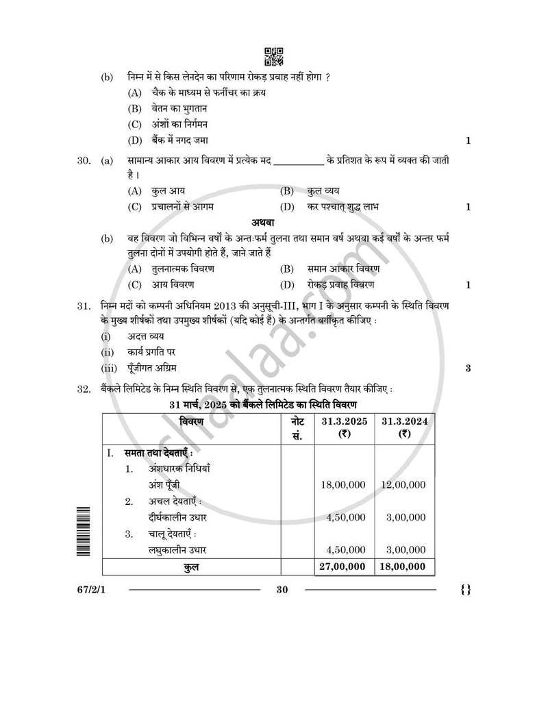 Accountancy (लेखाशास्त्र) 2025-2026 - CBSE 12th - Class 12 [कक्षा १२] - CBSE (Central Board of Secondary Education) question paper with PDF download