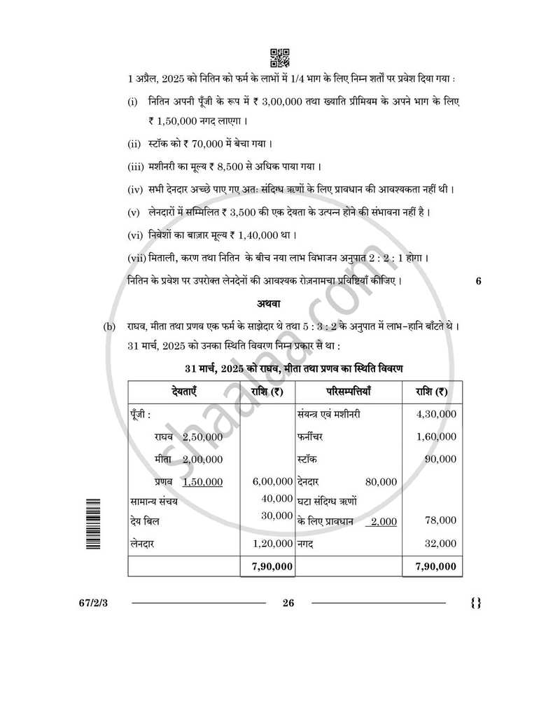 Accountancy (लेखाशास्त्र) 2025-2026 - CBSE 12th - Class 12 [कक्षा १२] - CBSE (Central Board of Secondary Education) question paper with PDF download