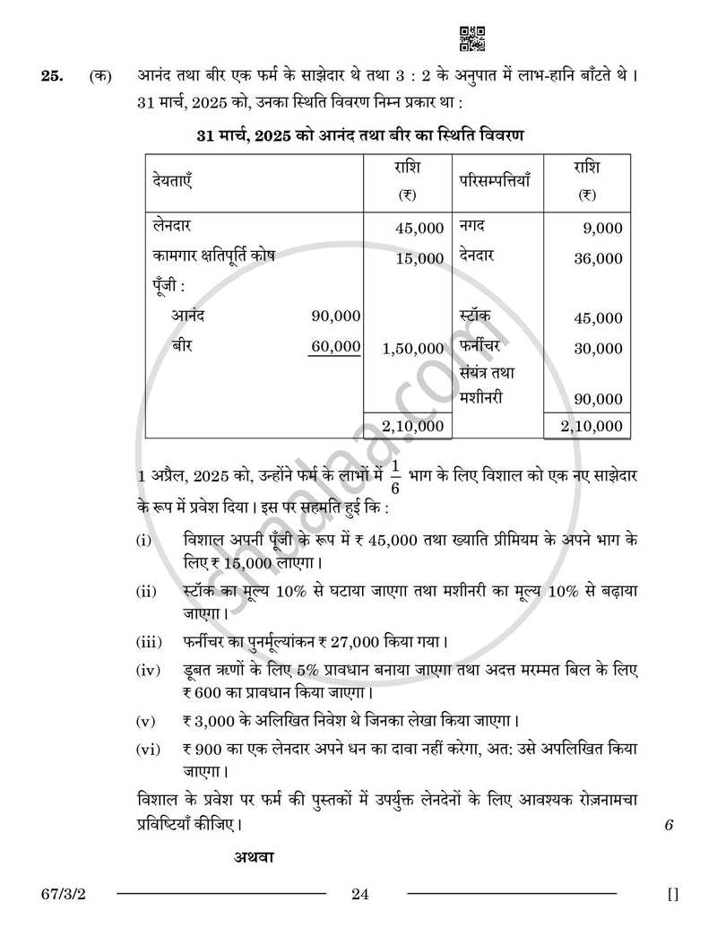 Accountancy (लेखाशास्त्र) 2025-2026 - CBSE 12th - Class 12 [कक्षा १२] - CBSE (Central Board of Secondary Education) question paper with PDF download