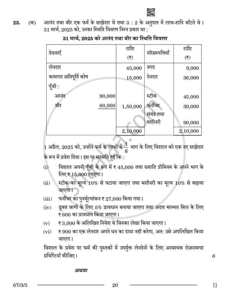 Accountancy (लेखाशास्त्र) 2025-2026 - CBSE 12th - Class 12 [कक्षा १२] - CBSE (Central Board of Secondary Education) question paper with PDF download