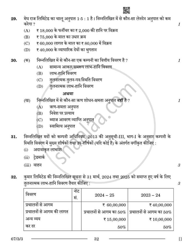 Accountancy (लेखाशास्त्र) 2025-2026 - CBSE 12th - Class 12 [कक्षा १२] - CBSE (Central Board of Secondary Education) question paper with PDF download