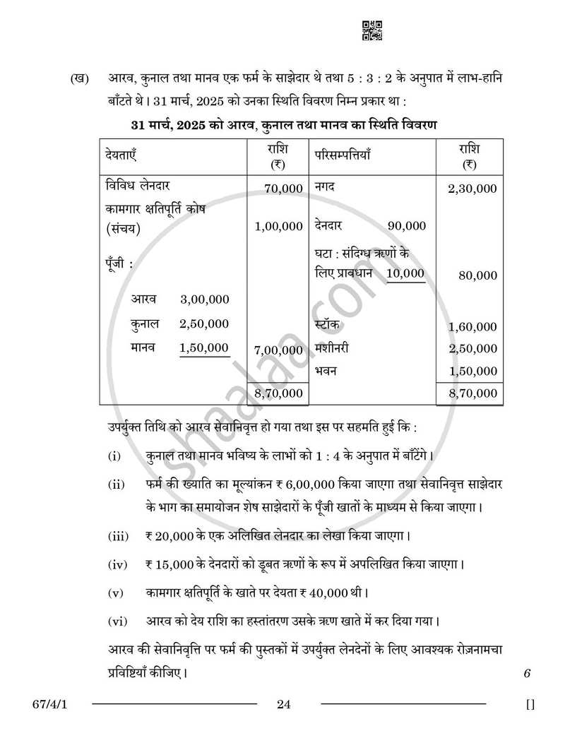 Accountancy (लेखाशास्त्र) 2025-2026 - CBSE 12th - Class 12 [कक्षा १२] - CBSE (Central Board of Secondary Education) question paper with PDF download