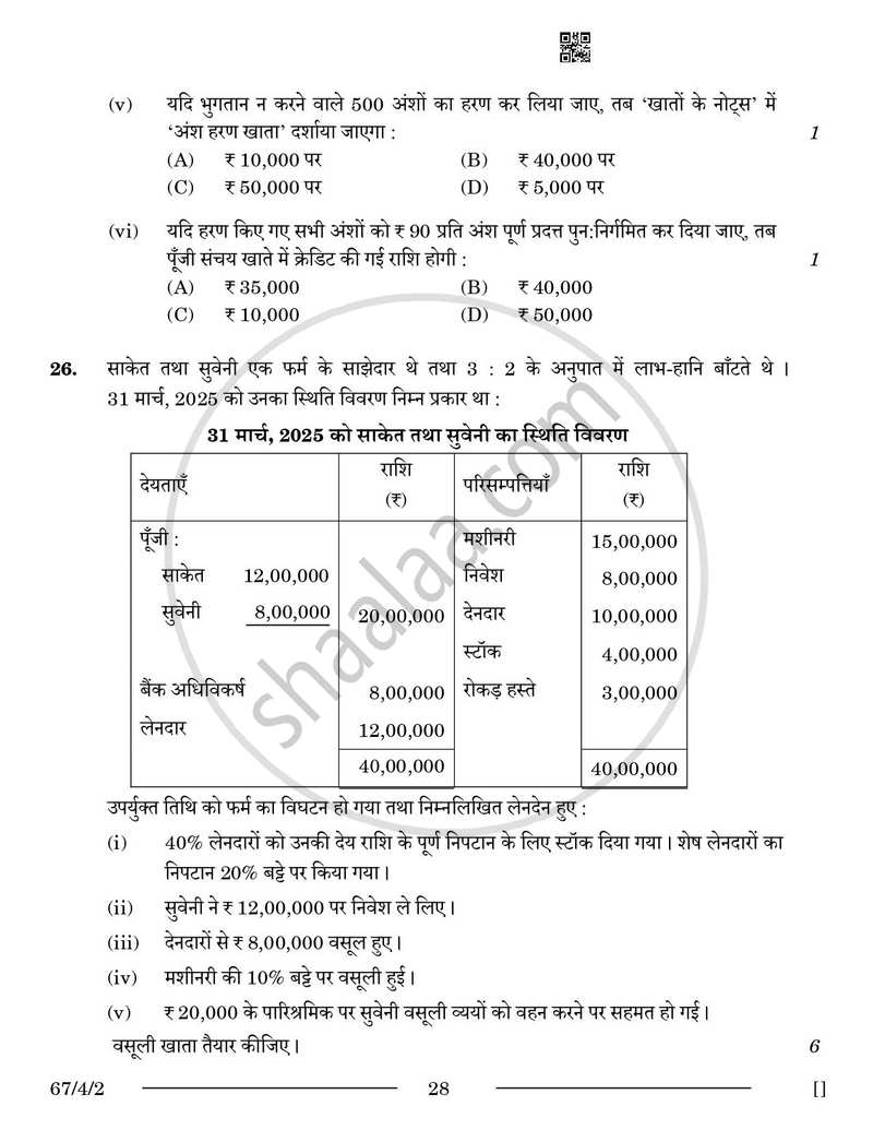 Accountancy (लेखाशास्त्र) 2025-2026 - CBSE 12th - Class 12 [कक्षा १२] - CBSE (Central Board of Secondary Education) question paper with PDF download