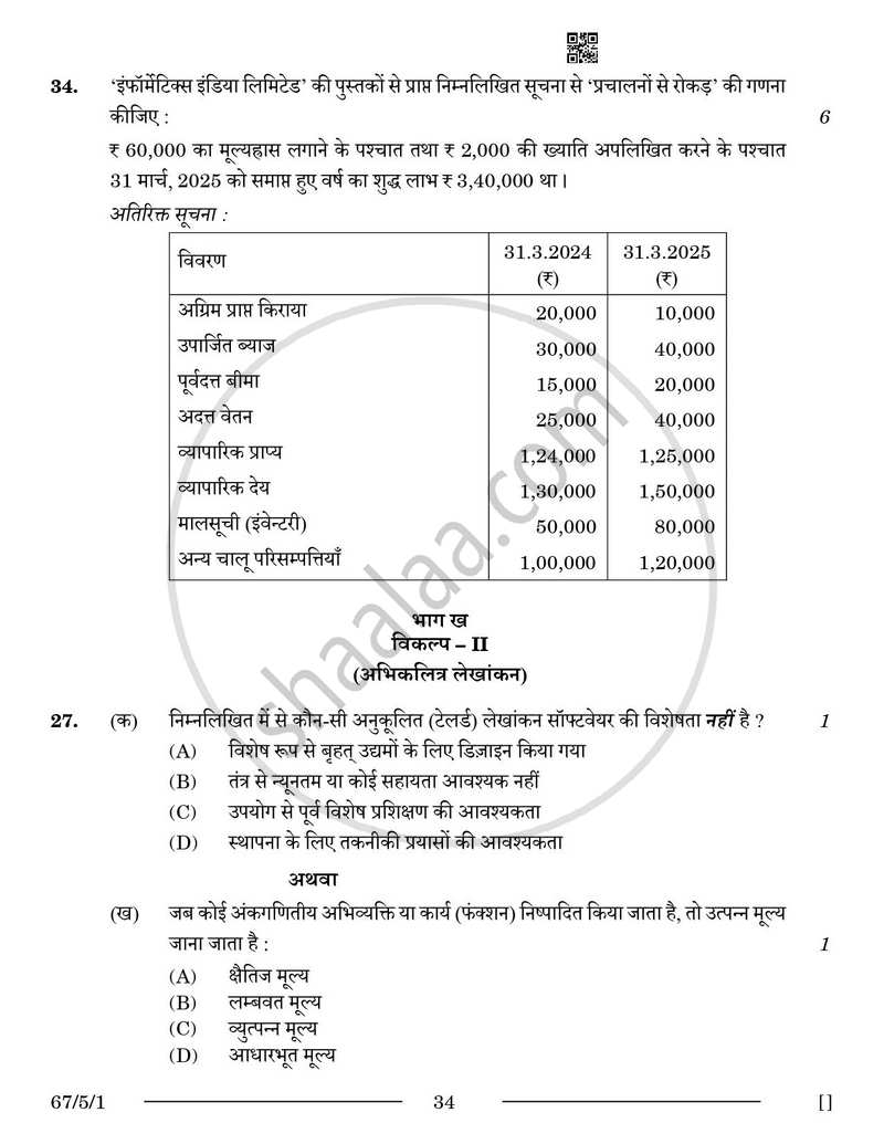 Accountancy (लेखाशास्त्र) 2025-2026 - CBSE 12th - Class 12 [कक्षा १२] - CBSE (Central Board of Secondary Education) question paper with PDF download