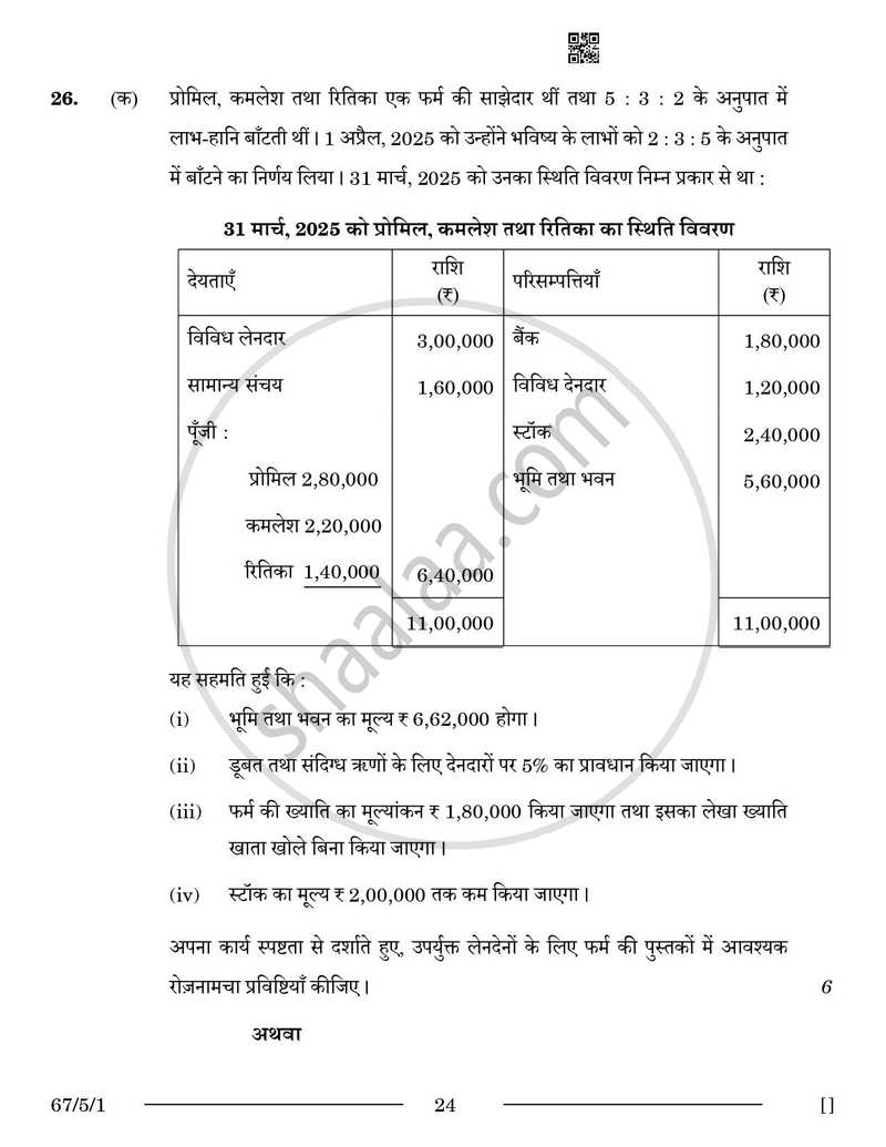 Accountancy (लेखाशास्त्र) 2025-2026 - CBSE 12th - Class 12 [कक्षा १२] - CBSE (Central Board of Secondary Education) question paper with PDF download