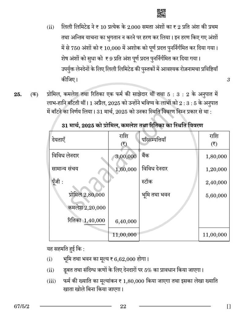 Accountancy (लेखाशास्त्र) 2025-2026 - CBSE 12th - Class 12 [कक्षा १२] - CBSE (Central Board of Secondary Education) question paper with PDF download