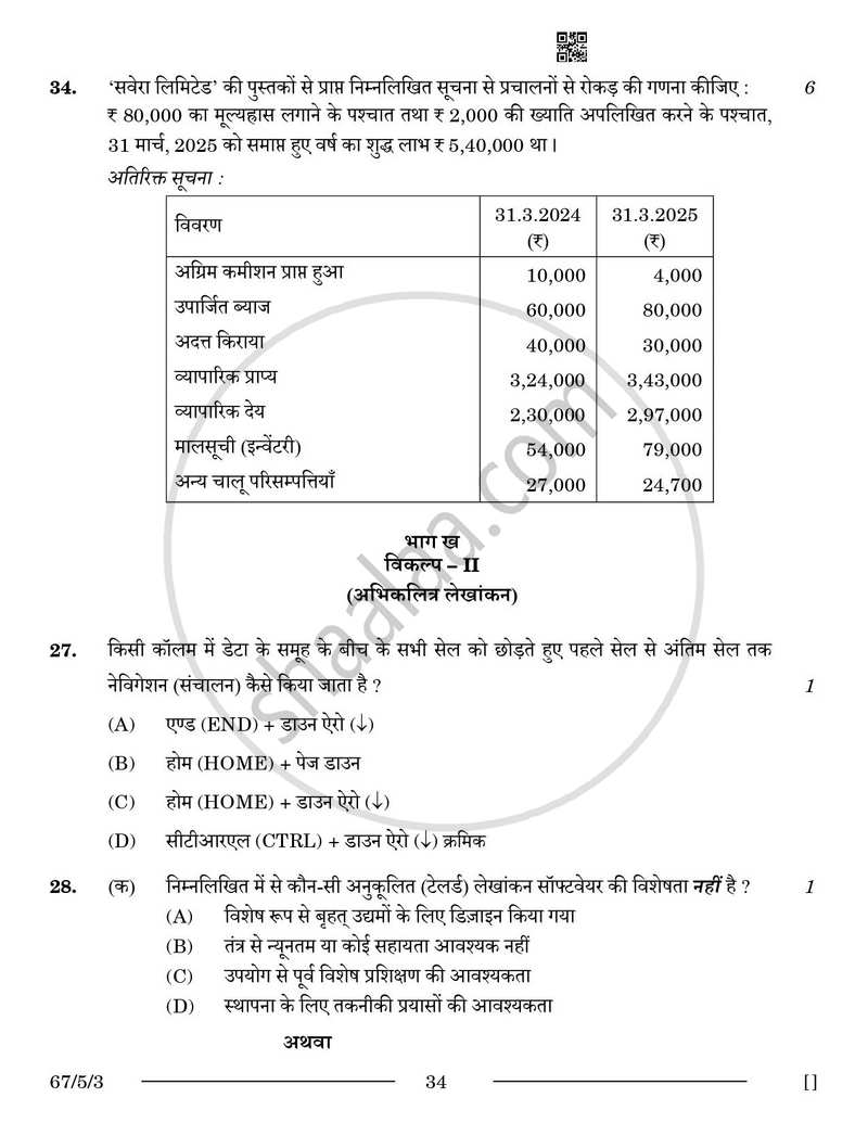 Accountancy (लेखाशास्त्र) 2025-2026 - CBSE 12th - Class 12 [कक्षा १२] - CBSE (Central Board of Secondary Education) question paper with PDF download