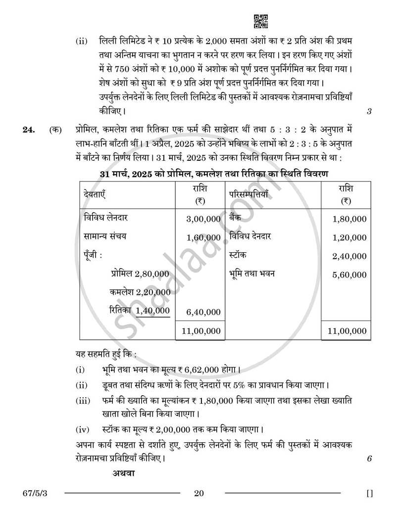 Accountancy (लेखाशास्त्र) 2025-2026 - CBSE 12th - Class 12 [कक्षा १२] - CBSE (Central Board of Secondary Education) question paper with PDF download