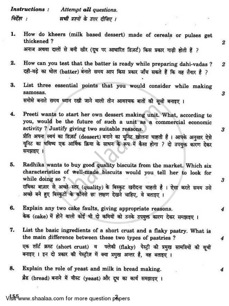 Advance Food Preparation 2010-2011 - CBSE 12th - Class 12 - CBSE (Central Board of Secondary Education) question paper with PDF download