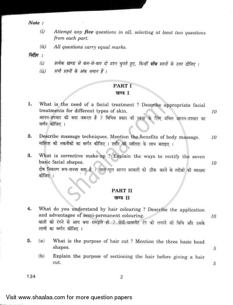 Beauty Therapy and Hair Dressing 2 2009-2010 - CBSE 12th - Class 12 - CBSE (Central Board of Secondary Education) question paper with PDF download
