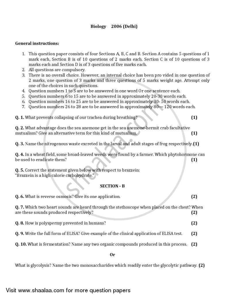 Biology 2005-2006 - CBSE 12th - Class 12 - CBSE (Central Board of Secondary Education) question paper with PDF download