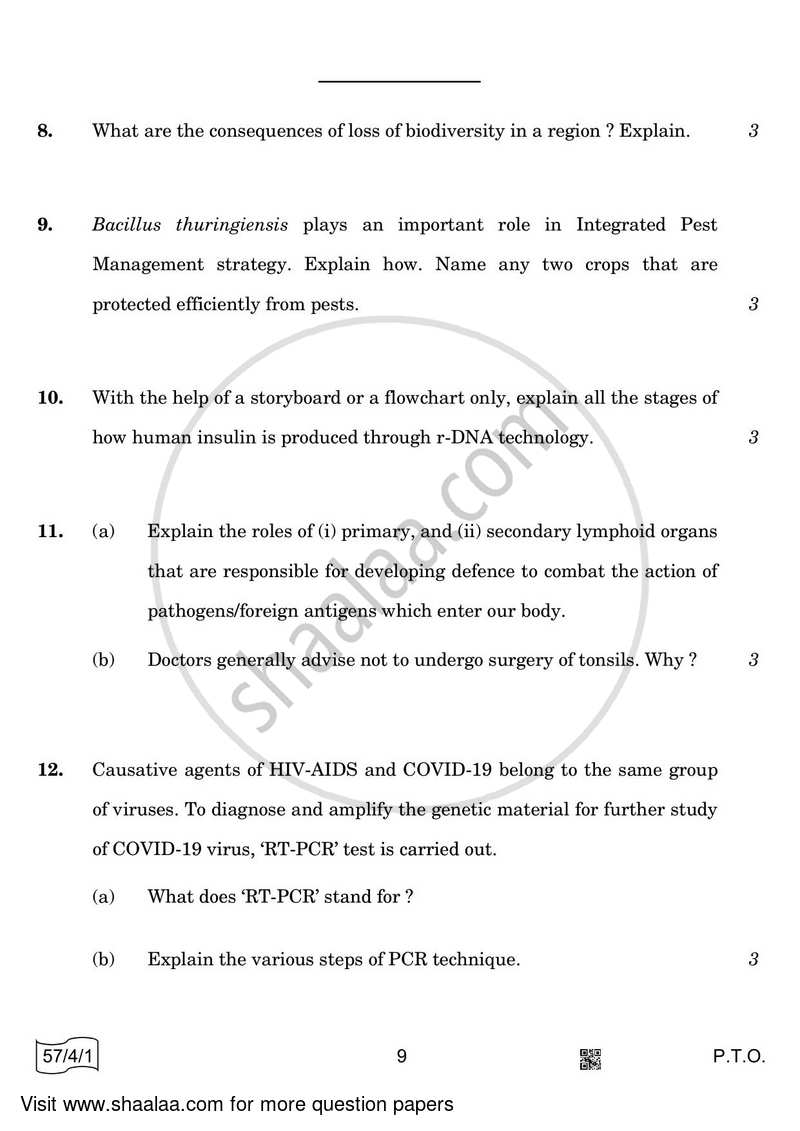 Biology 2021-2022 - CBSE 12th - Class 12 - CBSE (Central Board of Secondary Education) question paper with PDF download
