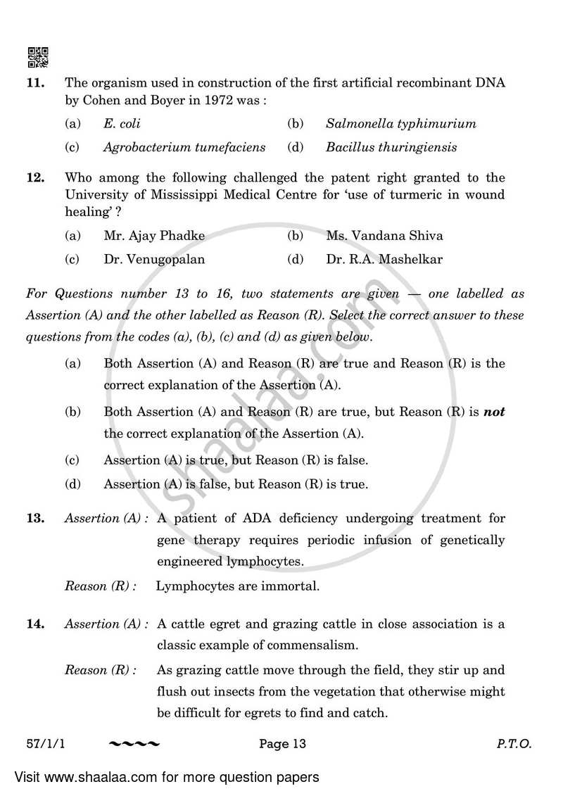 Biology 2022-2023 - CBSE 12th - Class 12 - CBSE (Central Board of Secondary Education) question paper with PDF download