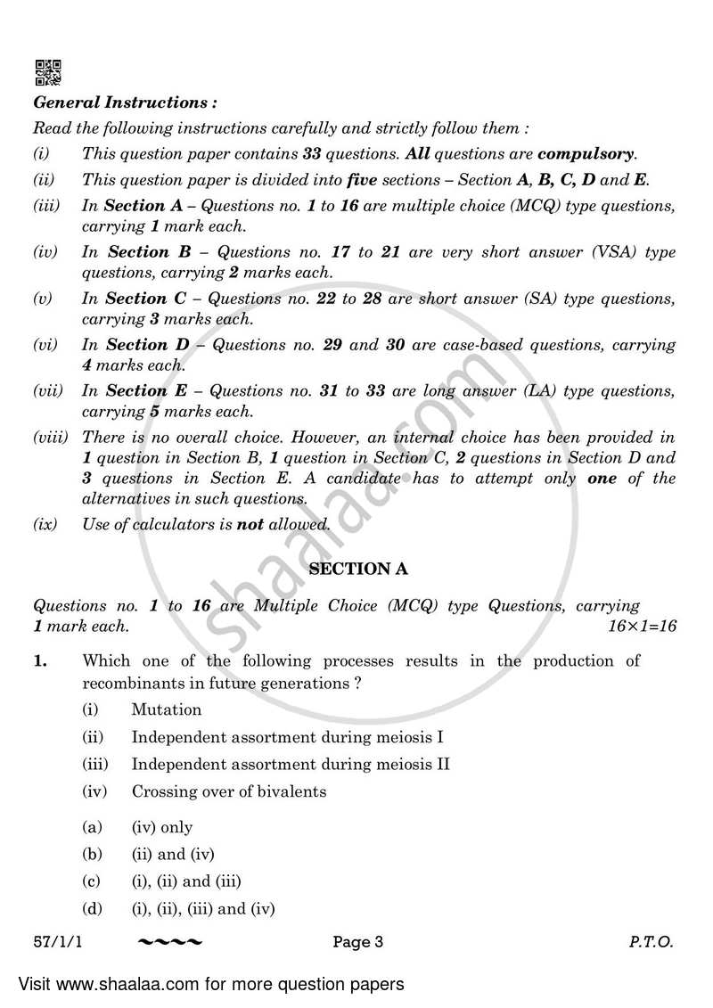 Biology 2022-2023 - CBSE 12th - Class 12 - CBSE (Central Board of Secondary Education) question paper with PDF download