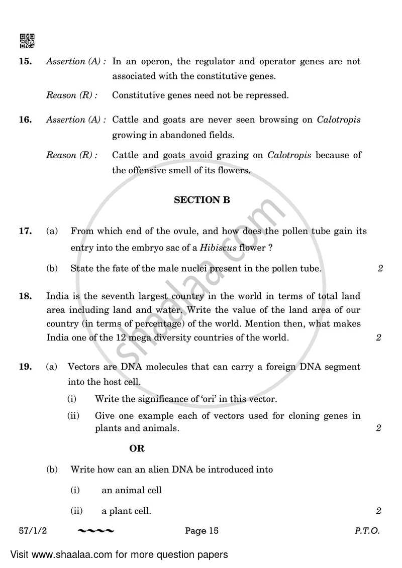Biology 2022-2023 - CBSE 12th - Class 12 - CBSE (Central Board of Secondary Education) question paper with PDF download