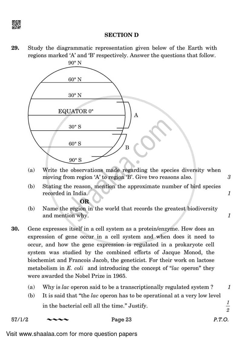 Biology 2022-2023 - CBSE 12th - Class 12 - CBSE (Central Board of Secondary Education) question paper with PDF download