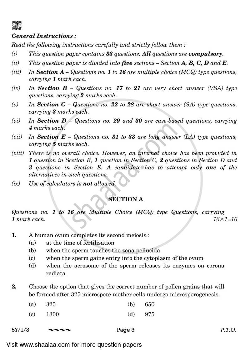 Biology 2022-2023 - CBSE 12th - Class 12 - CBSE (Central Board of Secondary Education) question paper with PDF download