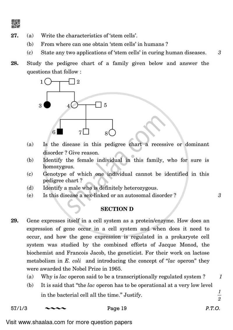 Biology 2022-2023 - CBSE 12th - Class 12 - CBSE (Central Board of Secondary Education) question paper with PDF download