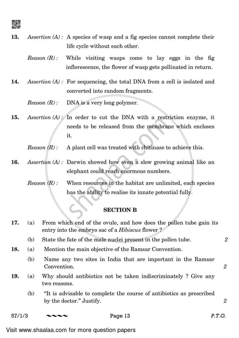 Biology 2022-2023 - CBSE 12th - Class 12 - CBSE (Central Board of Secondary Education) question paper with PDF download