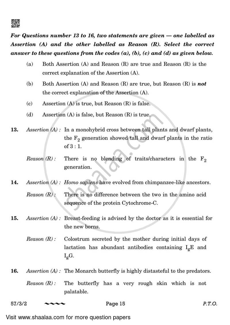 Biology 2022-2023 - CBSE 12th - Class 12 - CBSE (Central Board of Secondary Education) question paper with PDF download