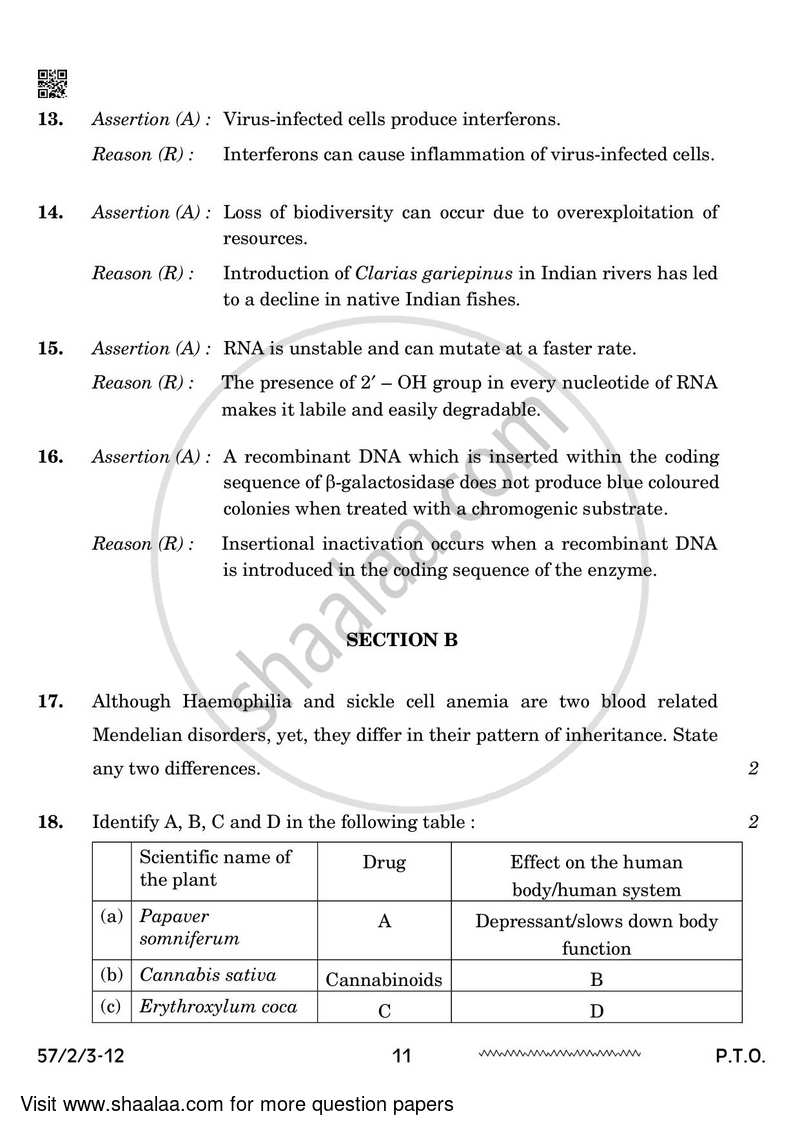 Biology 2023-2024 - CBSE 12th - Class 12 - CBSE (Central Board of Secondary Education) question paper with PDF download