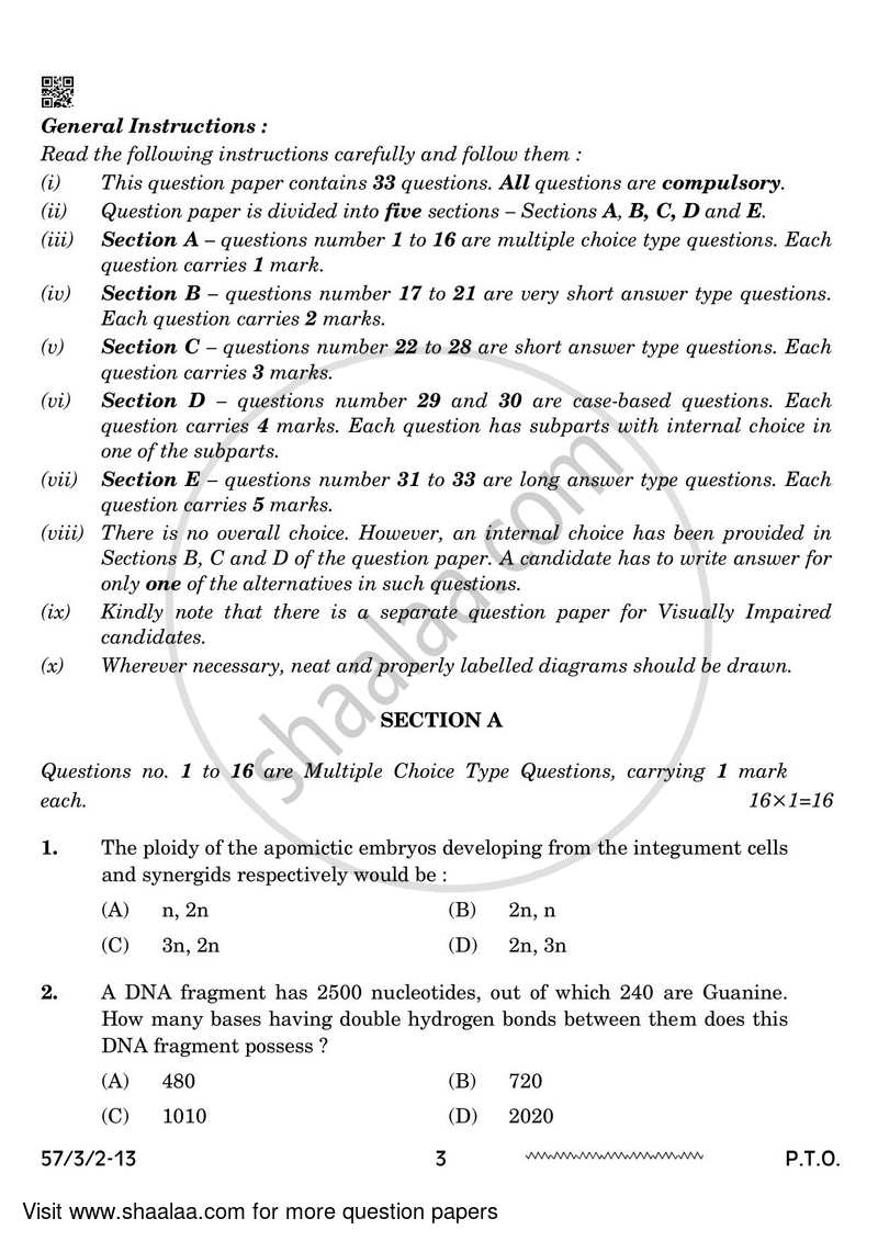 Biology 2023-2024 - CBSE 12th - Class 12 - CBSE (Central Board of Secondary Education) question paper with PDF download