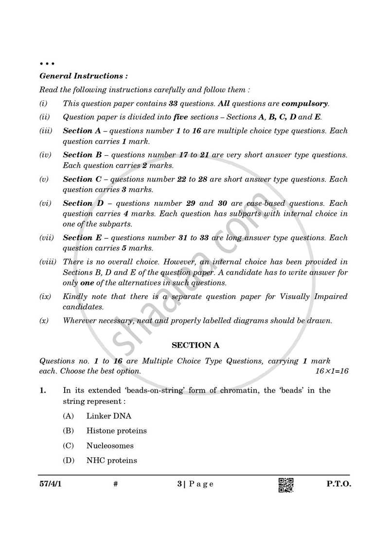 Biology 2024-2025 - CBSE 12th - Class 12 - CBSE (Central Board of Secondary Education) question paper with PDF download