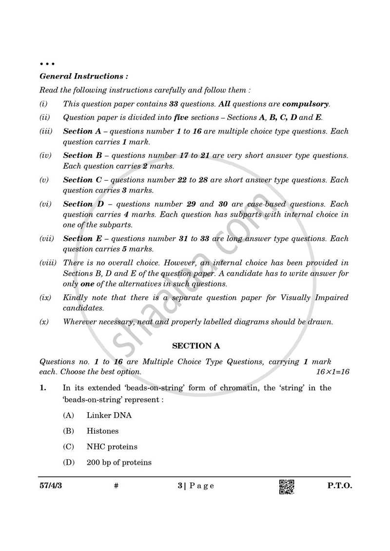Biology 2024-2025 - CBSE 12th - Class 12 - CBSE (Central Board of Secondary Education) question paper with PDF download