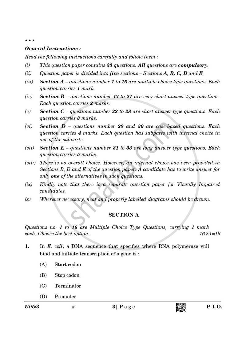 Biology 2024-2025 - CBSE 12th - Class 12 - CBSE (Central Board of Secondary Education) question paper with PDF download