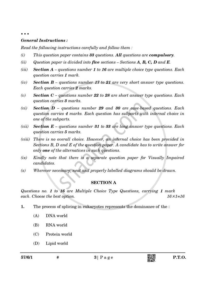 Biology 2024-2025 - CBSE 12th - Class 12 - CBSE (Central Board of Secondary Education) question paper with PDF download