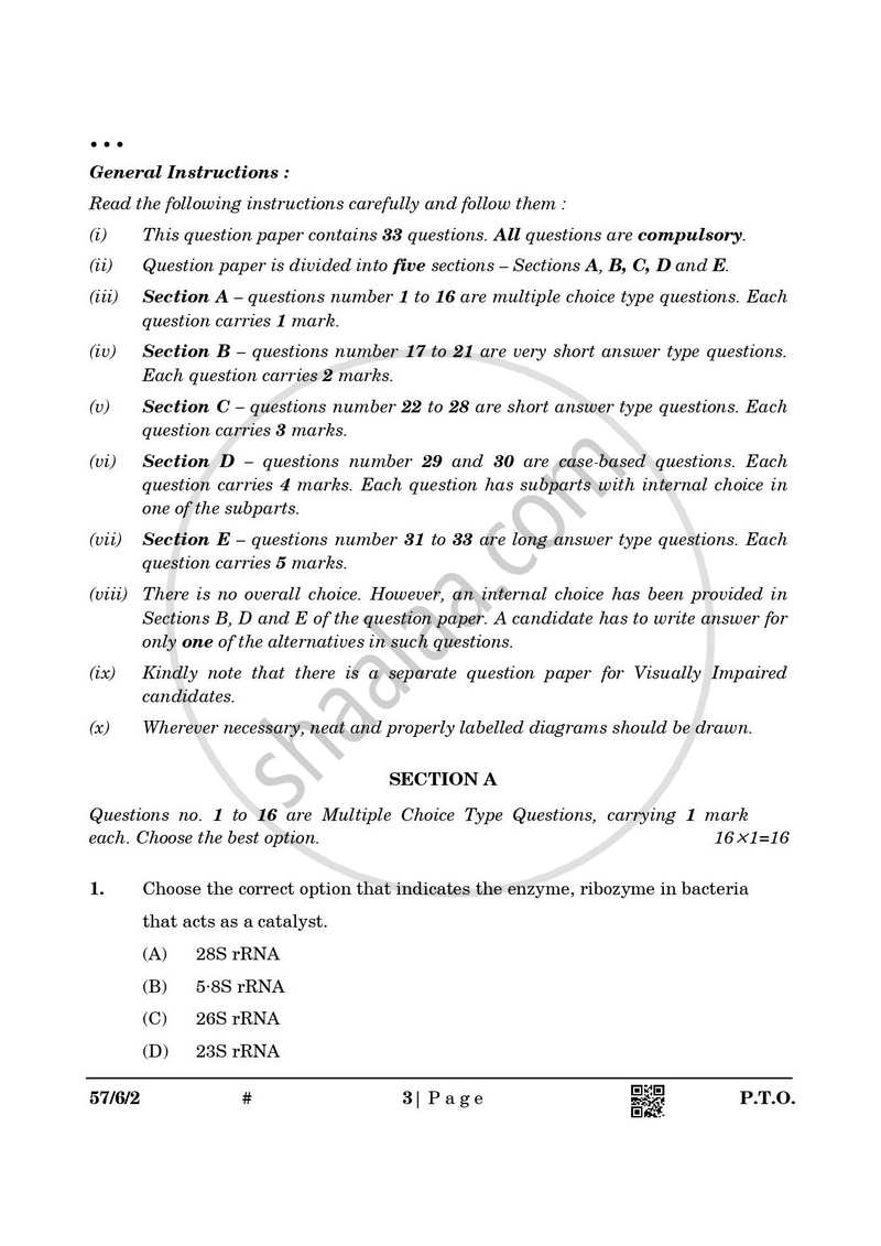 Biology 2024-2025 - CBSE 12th - Class 12 - CBSE (Central Board of Secondary Education) question paper with PDF download