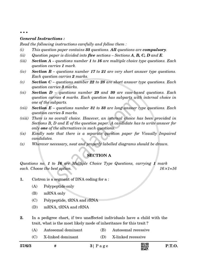 Biology 2024-2025 - CBSE 12th - Class 12 - CBSE (Central Board of Secondary Education) question paper with PDF download