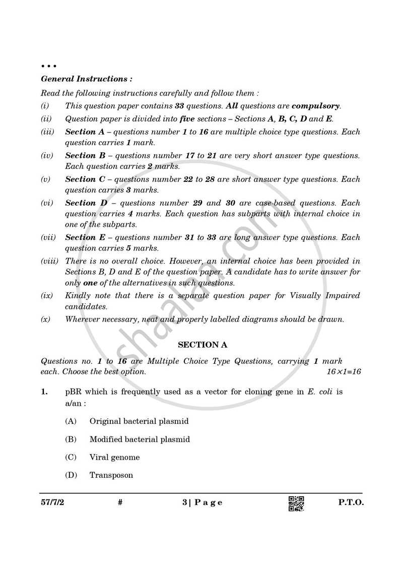 Biology 2024-2025 - CBSE 12th - Class 12 - CBSE (Central Board of Secondary Education) question paper with PDF download