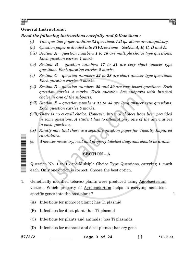 Biology 2025-2026 - CBSE 12th - Class 12 - CBSE (Central Board of Secondary Education) question paper with PDF download