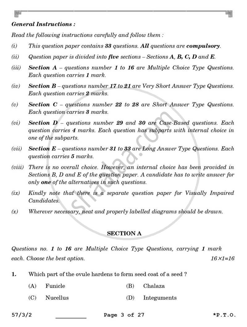 Biology 2025-2026 - CBSE 12th - Class 12 - CBSE (Central Board of Secondary Education) question paper with PDF download