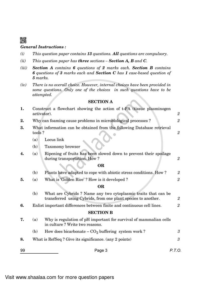 Biotechnology 2021-2022 - CBSE 12th - Class 12 - CBSE (Central Board of Secondary Education) question paper with PDF download