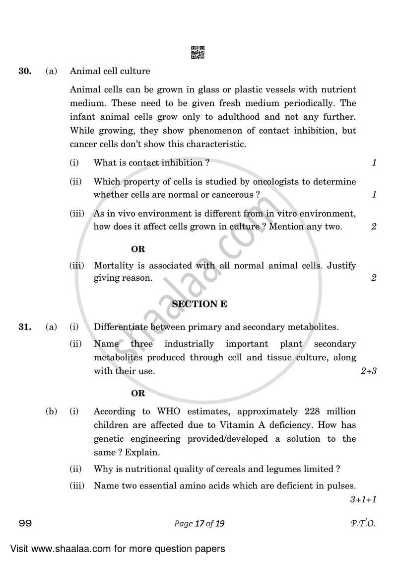 Biotechnology 2022-2023 - CBSE 12th - Class 12 - CBSE (Central Board of Secondary Education) question paper with PDF download