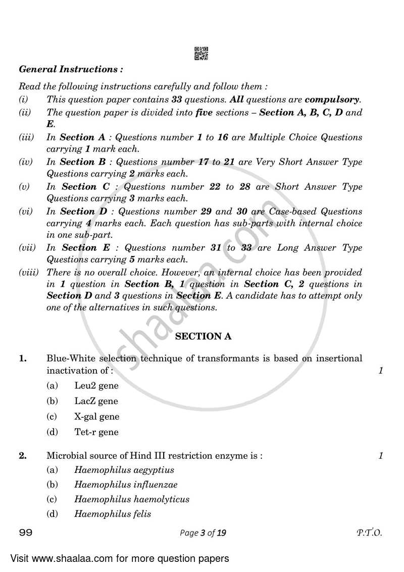 Biotechnology 2022-2023 - CBSE 12th - Class 12 - CBSE (Central Board of Secondary Education) question paper with PDF download