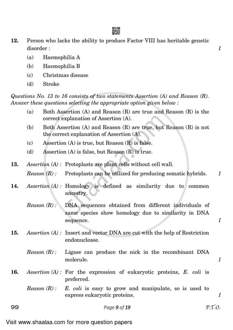 Biotechnology 2022-2023 - CBSE 12th - Class 12 - CBSE (Central Board of Secondary Education) question paper with PDF download