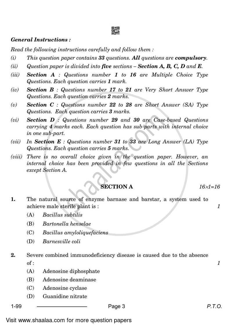 Biotechnology 2023-2024 - CBSE 12th - Class 12 - CBSE (Central Board of Secondary Education) question paper with PDF download