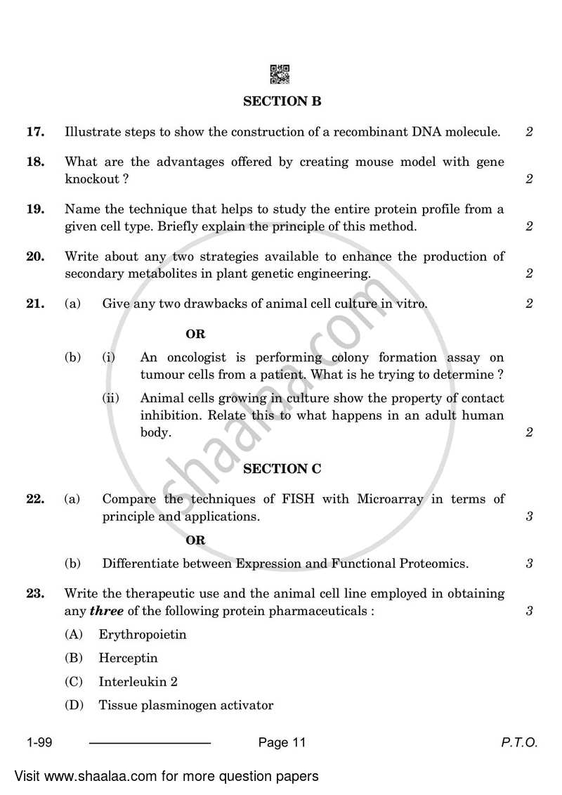 Biotechnology 2023-2024 - CBSE 12th - Class 12 - CBSE (Central Board of Secondary Education) question paper with PDF download