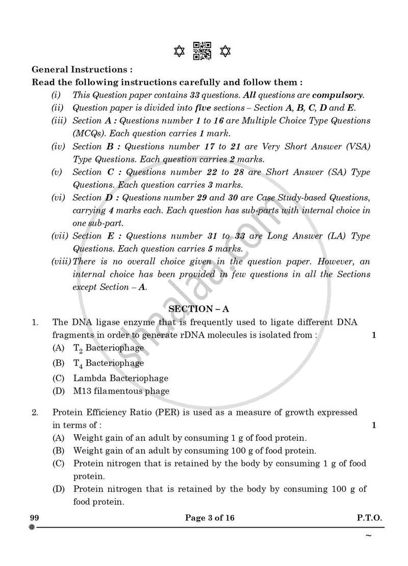 Biotechnology 2024-2025 - CBSE 12th - Class 12 - CBSE (Central Board of Secondary Education) question paper with PDF download